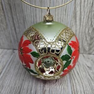 Vintage Hallmark Christmas Ornament Poinsettia Indent Ball Glass Red Gold 4 Inch